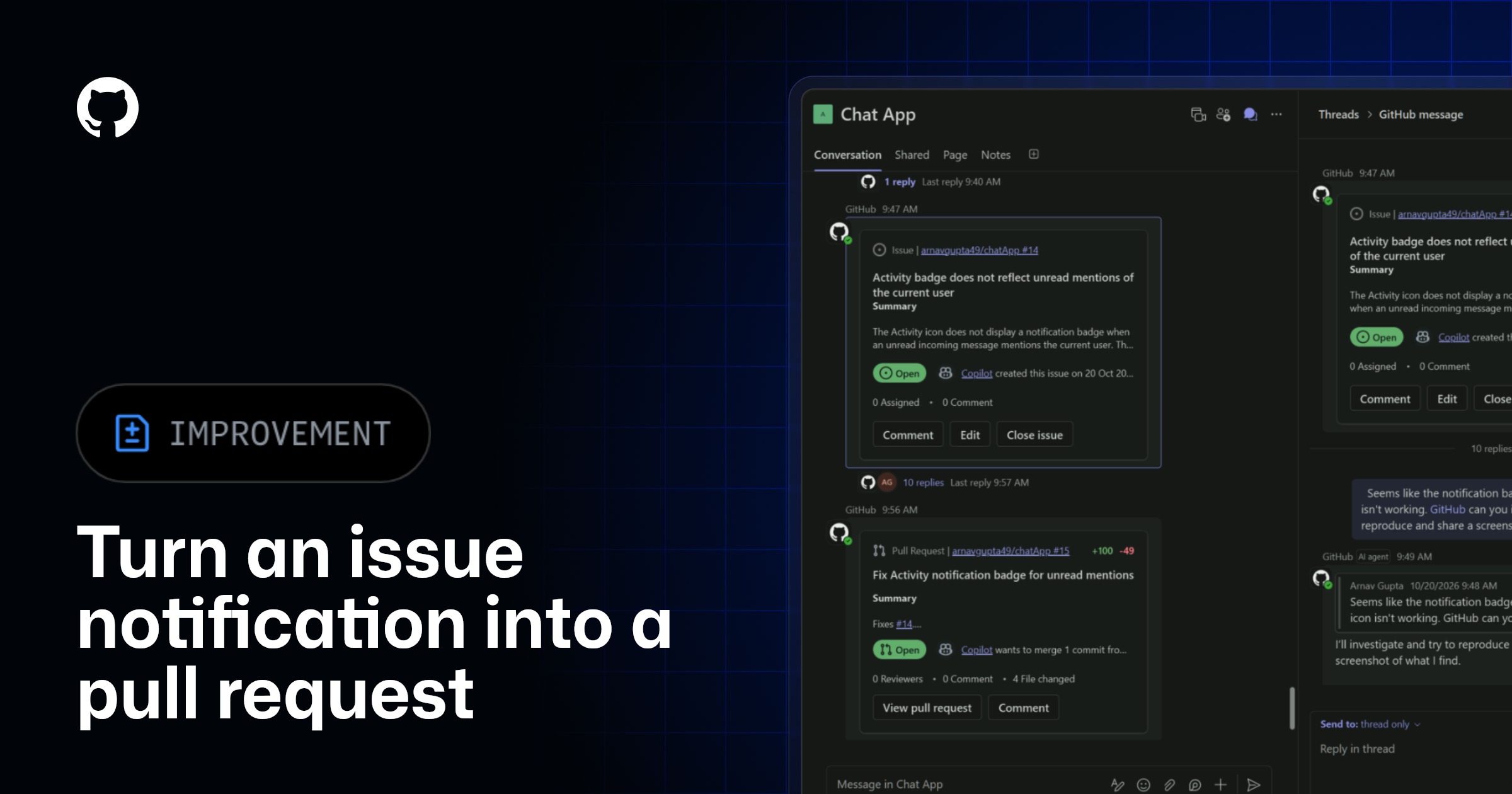 وێنەی فەرمیی GitHub بۆ گۆڕینی ئاگادارکردنەوەی کێشە لە Teams بۆ داواکاریی گۆڕانکاریی کۆد